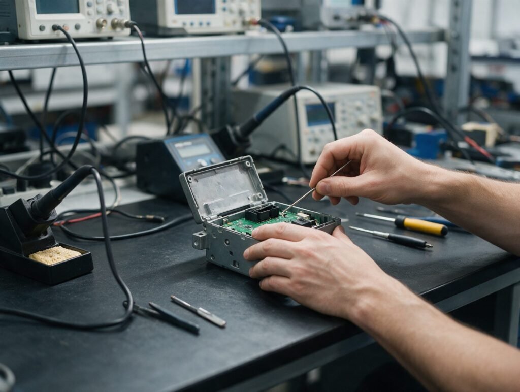Técnico reparando un módulo electrónico Blue&Me de Fiat en el banco de trabajo